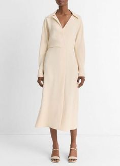 Buy Shaped Collar Dolman-Sleeve Dress for USD 425.00 | Vince Elegant Rayon Dresses For Daywear, Long Sleeve Rayon Dress For Work, Chic Long Sleeve Rayon Dress, Elegant Rayon Midi Dress For Work, Elegant Flowy Shirt Dress For Daywear, Sleek Fall Dresses For Daywear, Sleek Dresses For Daywear In Fall, Sleek Dresses For Fall Daywear, Elegant Collared Rayon Dress