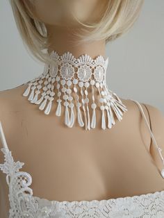 "White Venice Lace Choker, Bridal Necklace , Wedding, Necklace, Baroque, Gothic , Victorian Necklace, Gothic Bohemian, Romantic Choker,   Elegant choker is made of White Venice lace.  Choker is finished with a silver-plated lobster clasp and 2 inch extender chain. Width Lace - 4.5\"  Length of choker - 14 inches + 2\" extender, adjustable If you need another length of your choker please let me know your measurement. This accessory makes a perfect gift! Thanks for visiting  and come back soon !" Elegant White Choker For Festivals, White Lace Necklace For Wedding, White Beaded Choker For Wedding, Elegant White Jewelry For Festival, Bohemian Beaded Bridal Necklace For Wedding, Bohemian Beaded Bridal Necklace, Adjustable White Bridal Necklace For Party, White Lace Wedding Choker, White Choker Necklace For Wedding