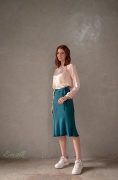 "This luxury exclusive design silk skirt is perfect for fall and winter. 100 % designed and handmade by Emsilk. I am pleased to offer your garments made to measure at no extra cost. All of my designs can be made in any colors that you see in my shop. Link to all colors in pure silk: https://www.etsy.com/shop/emsilkdesign?ref=seller-platform-mcnav&section_id=28483599 * Detail: - Slip skirts go with any tops and beautiful all year around. - Midi skirt - bow tied straps - Below the knee/ or len Silk Long Wrap Skirt With Relaxed Fit, Silk Wrap Skirt With Relaxed Fit, Chic Silk Lined Wrap Skirt, Chic Silk Skirt For Fall, Elegant Silk Wrap Skirt For Spring, Chic Silk Wrap Skirt With Lining, Silk Asymmetrical Pleated Skirt, Asymmetrical Silk Pleated Skirt, Silk Midi Skirt For Fall