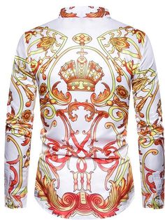 Gold Long Sleeve Shirt With Graphic Print, White Long Sleeve Shirt With All Over Print, Gold Party Shirt For Spring, Gold Spring Party Shirt, Printed Long Sleeve Shirt For Formal Occasions, Formal Multicolor Slim Fit Shirt, Formal Long Sleeve Printed Shirt, Formal Fitted Multicolor Shirt, Multicolor Fitted Formal Shirt