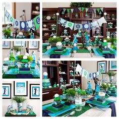 the table is set up with green and blue decorations