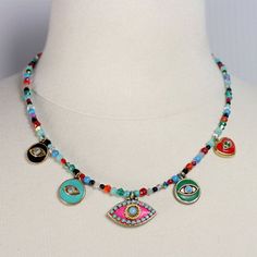 Rainbow Evil Eye Charm Choker Necklace / Colorful Evil Eyes on | Etsy Vibrant Multicolor Handmade Necklaces, Vibrant Rainbow Jewelry With Colorful Design, Pink Spacer Bead Necklaces For Festivals, Pink Spacer Beads Necklace For Festival, Pink Spacer Beaded Necklace For Festivals, Colorful Vibrant Necklace For Festivals, Vibrant Colorful Necklace For Festivals, Colorful Vibrant Festival Necklaces, Amulet Style Turquoise Necklace With Colorful Beads