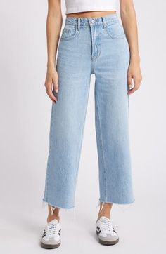 Wide legs and raw, cropped hems bring retro-chic style to these nonstretch-denim jeans cast in a cool light-blue wash. 27" inseam; 22" leg opening; 13" front rise; 14" back rise (size 29) Zip fly with button closure Five-pocket style 100% cotton Machine wash, line dry Imported Crop Wide Leg Jeans, Cropped Wide Leg Jeans, Wide Legs, Retro Chic, Pacsun, Wide Leg Jeans, Bottoms Pants, Jeans Pants, Leg Jeans