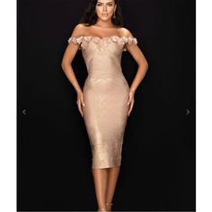 Rose Gold Off The Shoulder Cocktail Length Bandage Dress. Floral Off The Shoulder Straps With Bling In The Center Of The Flowers. Cups Inside The Dress! Excellent Condition Only Worn Once! Gold Cocktail Dress, Terani Couture, Bandage Dress, Off The Shoulder, Pink And Gold, Cocktail Dress, Midi Dress, Rose Gold, Womens Dresses