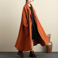 Material: woolen,polyester（lining：plant fibres）Collar type:othersClothing placket: one buttonPattern:plainStyle: casual,retroSleeve: long sleevesClothing details:buttons,pocketWaist: looseSeason:autumn,winterCombination:single pieceColor:yellow brown(caramel）M/L(Fit for EU 38-44,US8-14,UK12-18,AU12-18,NZ12-18)Length: 112.00 cm/ 44.09 "Bust: 156.00 cm/ 61.42 "Shoulder: 58.00 cm/ 22.83 "Sleeve length: 50.00 cm/ 19.69 "Arm: 38.00 cm/ 14.96 "Cuff: 30.00 cm/ 11.81 "Hem: Loose Waist: Loose PS:1.The me Long Brown Outerwear For Work, Casual Brown Wool Coat For Winter, Brown Wool Outerwear With Button Cuffs, Long Wool Coat With Pockets For Fall, Brown Buttoned Outerwear For Winter, Casual Wool Coat With Buttons And Long Sleeves, Casual Long Wool Coat For Winter, Casual Long Winter Wool Coat, Brown Single Breasted Sweater Coat With Long Sleeves