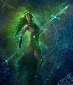 a woman holding a green arrow in her right hand and surrounded by stars, on a blue background