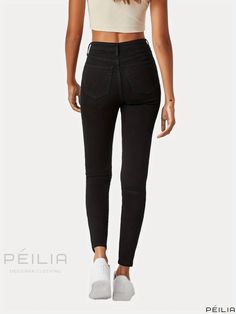 Peilia - Womens High Waist Skinny Jeans in Black, Contemporary High Rise Stretch Denim Pants with Plain Design - Stylish Denim Clothing Choice Mid-rise Black Denim Jeggings, Slim Stretch Cotton Bottoms, Black Slim Denim Bottoms, High Rise Fitted Black Jeans, Black Stretch Denim Jeggings, Trendy Black Denim Jeggings, Black Fitted Jeans With Cropped Leg, Black Fitted Cropped Jeans, Fitted Black Cropped Jeans