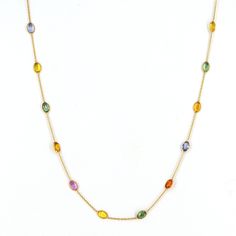 18k Solid Gold Chain Necklace - Faceted Multi Sapphire Stone Gold Necklace - Gold Necklace For Women - Oval Cut Natural Gemstone Product Details > Gemstone - Natural Multi Sapphire > Materials - 18k Solid Yellow Gold > Gemstone Color : Blue, Pink, Orange, Green, Yellow > Gemstone Shape - Oval Cut >Gemstone Size: 4.5mm - 5mm Approx > Gemstone weight - 9.800 carats approx > Gross Weight - 4.300 grams approx > Chain Length : 18 inches Approx We can adjust the size of Chain as per your requirement, Multi Colour Beads Chain Gold, Elegant Multicolor Oval Necklace, Oval Multi-stone Necklace In Fine Jewelry Style, Oval Fine Jewelry Necklace With Cable Chain, Oval Multicolor Multi-stone Necklaces, Multicolor Multi-stone Oval Necklaces, Multicolor Oval Multi-stone Necklace, Multicolor Multi-stone Oval Necklace, Elegant Multicolor Necklace With Delicate Chain