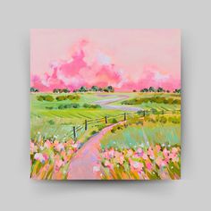 a painting of a country road with flowers in the foreground and clouds in the background