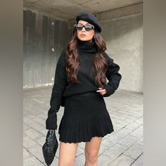 Mini Skirt With A Wide High Elastic Waistband. Color: Black | 6771/004 New With Tags Black Pleated Mini Skirt Outfit, Tights And Skirt, Pleated Mini Skirt Outfit, Knit Skirt Outfit, Black Pleated Mini Skirt, Pleated Knit, Vegas Outfit, Trendy Girl, Black Pleated Skirt