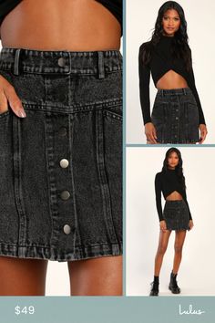 A good denim skirt never goes out of style, so we can't wait to get our hands on the perfect vibes of the Lulus Real Babe Black High Waisted Button-Up Denim Mini Skirt! Sturdy cotton denim shapes this effortlessly cool mini skirt that has a high waist, belt loops, eye-catching angled front pockets, and back patch pockets. Washed effect and seaming details throughout add a unique flair, and a front button placket finishes the look. Fit: This garment fits true to size. Length: Mid-thigh. Size medi Trendy Dark Wash Skirt With Button Zip Fly, Trendy High Rise Denim Skirt For Night Out, Trendy Button-up Bottoms For Fall, Trendy Cotton Denim Skirt For Night Out, Dark Wash Button Closure Skirt For Fall, Trendy Dark Wash Denim Skirt, High Waist Buttoned Denim Skirt For Fall, Edgy Denim Mini Skirt For Fall, Trendy Button Closure Denim Skirt