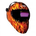 a motorcycle helmet with flames on it and a digital clock in the middle of its face