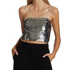 Embellished With Oversized Metallic Discs Squareneck Spaghetti Straps Back Zip Closure Evening Crop Top With Sequins And Spaghetti Straps, Embellished Evening Crop Top For Summer, Chic Embellished Crop Top For Summer, Spring Sequined Spaghetti Strap Crop Top, Spring Strapless Sequin Tops, Strapless Sequin Tops For Spring, Glamorous Bandeau Sequin Crop Top, Embellished Strapless Top For Night Out, Sequin Bandeau Top For Party