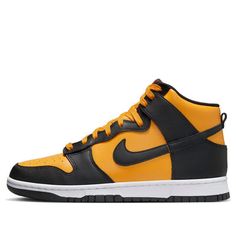 The Nike Dunk High Retro 'Bruce Lee' is a stylish sneaker with a unique design. It features a University Gold/Black-White-Habanero Red colorway, with a yellow leather base, nylon tongue, and laces. The black overlays, Swoosh, lining, and rubber sole, along with the Habanero Red tongue branding and white midsole top complete the look. Perfect for any activity, this sneaker is inspired by the legendary martial artist Bruce Lee and is part of the Nike Dunk High Retro series. Its durable construction and comfortable fit make it the perfect choice for any sneaker enthusiast. (SNKR/Skate/Men's/Non-Slip/High Top) Nike High-top Sneakers For Streetwear With Cushioned Footbed, High-top Sneakers With Boost Midsole For Skateboarding, Urban Orange Sneakers For Skateboarding, Nike Mid-top Skate Shoes With Cushioned Footbed, Nike High-top Skate Shoes With Abzorb Midsole, Nike Synthetic High-top Sneakers For Streetwear, Orange High-top Sneakers With Gum Sole For Streetwear, Nike Urban Basketball Shoes With Round Toe, Nike Urban Basketball Shoes