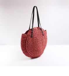 Circle Soft Straw Tote Beach Bags Summer Travel Shoulder Bags with Zip for $49.99 | Baginning Casual Vacation Bags With Leather Handles, Casual Bags With Leather Handles For Vacation, Casual Beach Bags With Leather Handles, Casual Red Beach Bag With Adjustable Strap, Red Crochet Travel Bag For Summer, Red Tote Bucket Bag For Beach, Casual Beach Bag With Leather Handles For Vacation, Red Bucket Crochet Bag For Beach, Red Crochet Bucket Bag For Beach