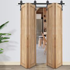 an open wooden door in a room