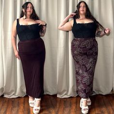 2000s Purple Maroon Floral Stretchy Slinky maxi skirt. DOUBLE SIDED!! No tags. Good condition. W 32-48 H 44-58 Models height: 5'3 Bra size: 44DD Measurements: 50 44 58  Usually wears 1X 2X top 2X 3X bottoms  All sales are final. Reminder these items are vintage, expect wear & age to be present. I do my best to point out flaws. Measurements are taken in inches with the garment laying flat. Measurements are then doubled where appropriate (bust hips waist). Please note I ship about once every two w Vintage Maxi Skirt, Plus Size Vintage, Bra Sizes, Maxi Skirt, Womens Skirt, Plus Size, Purple, Clothes For Women, Floral