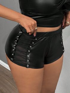 Plus Size Women Street Style PU Lace-Up Super Short Shorts Black Casual   PU Leather Colorblock,Plain Track Shorts High Stretch All Women Plus Clothing, size features are:Bust: ,Length: ,Sleeve Length: Super Short Shorts, Rave Festival Outfits, Women Street Style, Retro Fashion Women, Casual High Heels, Jean Flare, Plus Size Vintage, Track Shorts, Women Street