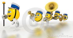 three yellow smiley faces with hats and trombones, one holding a flag while the other is