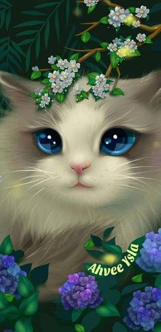 a white cat with blue eyes surrounded by flowers