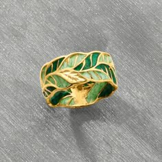 Ross-Simons - Italian Green Enamel Leaf Ring in 14kt Yellow Gold. Size 10. A perfect ring for the nature enthusiast! Light and dark green enamel leaves shine in textured and polished 14kt yellow gold. 3/8" wide. Green enamel leaf ring. Green Enamel Wedding Ring Fine Jewelry, Green 14k Gold Enamel Ring As Gift, Hand Painted Green Enamel Ring Gift, Hand Painted Green Enamel Ring, Elegant Green Enamel Ring, Earthy Rings, Textured Gold Ring, Texture Jewelry, Art Jewelry Design