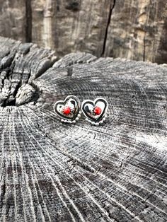 Cute little desert heart earrings Please give us a few days from the date of order as these are made to order! .925 Silver Native American Handmade Unique Heart Earrings For Valentine's Day Gift, Handmade Red Heart Sterling Silver Earrings, Handmade Red Heart Earrings In Sterling Silver, Nickel-free Unique Heart Earrings, Unique Nickel-free Heart-shaped Earrings, Sterling Silver Jewelry For Valentine's Day, Sterling Silver Heart Beads Dangle Earrings, Sterling Silver Heart Earrings With Heart Beads, Unique Heart-shaped Earrings