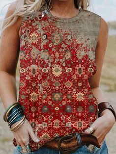 Product Name: Women's Western Vintage Floral Rust Red Trible Print Sleeveless Tank Shirt Item NO.: 22260488 Weight: 0.25 kg = 0.5512 lb = 8.8185 oz Category: Clothing> Women> Tanks Creation Time: 2023-06-09 Description Material: 65%Polyester 35%Cotton Pattern Type: Print Sleeve Type: Sleeveless Style: Casual Neckline: Round neck Theme: Spring/Summer/Autumn Elasticity: Micro elasticity Occasion: Daily *The item does not include any accessories in the picture, unless stated otherwise in the produc Western Vintage, Cheap Clothing, Womens Tops Summer, Spring Outfits Women, Cowgirl Style, Printed Sleeves, Sleeveless Tank, Summer Tops, Clothing Women