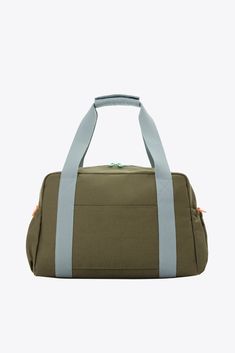 a green duffel bag with grey straps