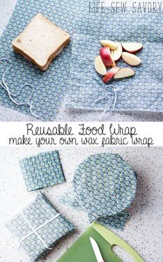 two pictures showing how to make reusable food wrap for sandwiches and apple slices