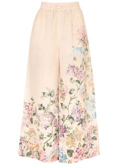 Floral Print Summer Pants For Daywear, Summer Floral Print Pants For Daywear, Spring Floral Print Beige Pants, Beige Floral Print Pants For Spring, Spring Beige Floral Print Pants, Relax Pants, Watercolor Floral Print, Printed Trousers, Linen Trousers