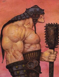 a painting of a man in armor holding a large metal tool and looking at the viewer