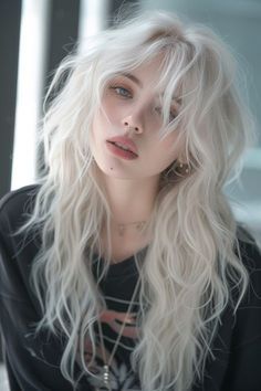 Long White Hair, Platinum Hair, Platinum Blonde Hair, Long Wavy Hair, Mullet Hairstyle, Hair Reference, White Hair, Pretty Hairstyles