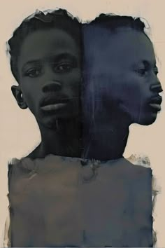 an abstract painting of two people facing each other, one is black and the other is white