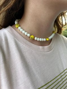 Hey!! This necklace  is handmade and ready to go to you! Ty if you purchase! Cute White Everyday Necklace, Cute Everyday White Necklace, Casual Yellow Round Bead Necklaces, Casual Handmade Round Necklace, Casual Yellow Necklace For Gift, Cute White Jewelry With Beaded Chain, Trendy Adjustable Pearl Necklace As Gift, Trendy White Round Necklace, Casual Single Strand Necklace For Gift