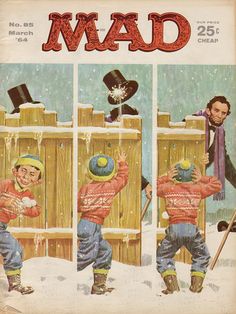 an old comic book cover shows two children playing in the snow