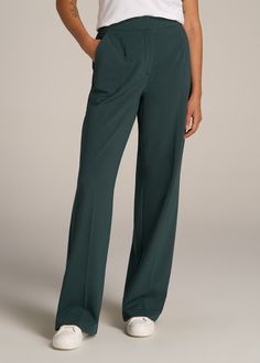 American-Tall-Women-Flat-front-wide-Leg-Dress-Pants-Smoky-Pine-front Elegant Elastane Work Pants, Elegant Full-length Work Pants, Solid Color Pants For Work With 4-way Stretch, Elegant Full-length Work Pants For Fall, Solid Color Pants With 4-way Stretch For Work, Blue 4-way Stretch Pants For Work, Tailored Green Wide Leg Pants For Formal Occasions, Formal Green Straight Leg Dress Pants, Elegant Green Bottoms With Welt Pockets