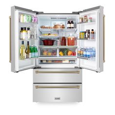 an open refrigerator with food and drinks in it