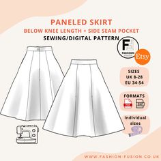 sewing pattern for a skirt with pleaed skirt and side seam pocket, shown in two sizes