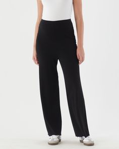 Overbelly waistband Stretch soft knit fabric Wide leg silhoutte Inseam length: 76cm A super comfortable black pant that can take you from lounging, to the office and then to dinner are our Knit Straight Pants , they are literally perfect for any occasion! Crafted in a soft knit fabrication which can easily be dressed up or down, they have an overbelly waistband that can be folded during the early stages of pregnancy and postpartum, and a classic straight leg silhouette. PLEASE NOTE: Soon Materni Chic Elastane Sweatpants For Loungewear, Chic Seamless Loungewear Bottoms, High-waisted Elastane Pants For Loungewear, Chic Comfort Stretch Pants For Loungewear, Comfortable Full-length Workwear Bottoms, Comfortable Full-length Bottoms For Work, Casual Full-length Seamless Pants, Black Wide Leg Yoga Pants With Comfort Stretch, Black Comfort Stretch Wide Leg Yoga Pants