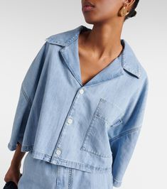 Cropped cotton denim shirt in blue - Bottega Veneta | Mytheresa Denim Button-up Tops With Pockets, Cotton Denim Button-up Top, Washed Blue Cotton Button-up Denim Top, Denim Blue Cotton Collared Top, Classic Collared Denim Top With Pockets, Classic Spring Denim Top With Buttons, Collared Denim Blue Cotton Denim Top, Classic Collared Denim Top With Button Closure, Collared Denim Blue Cotton Top