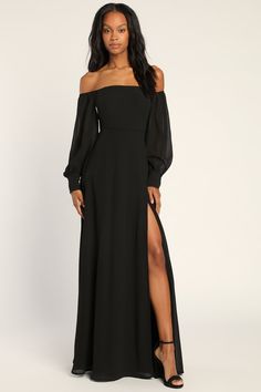 Feel the Romance Black Off-the-Shoulder Maxi Dress