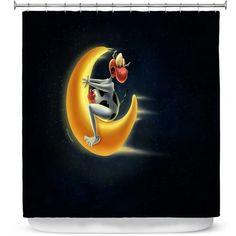 a cartoon character is sitting on the moon with an apple in his hand shower curtain