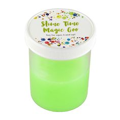 a jar of lime green acrylic paste with sprinkles on it