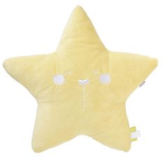 a yellow star shaped pillow with eyes and nose