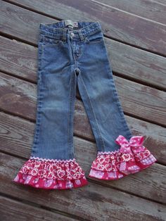 Girls Valentines Day "LOTS-O-HEARTS"  ruffle jeans  in sizes  6-12-18-24 mth  2-3-4-5-6-7-8 Upcycled Kids Clothes, Girls Western Wear Kids Outfits, Kids Bell Bottoms, Kid Denim Flare Pants, Little Cowgirl Outfit Kids Girl, Diy Clothes Videos, Denim Ideas, Valentines Outfits, Upcycle Jeans