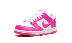 The Nike Dunk Low GS “Laser Fuchsia” is the youth sizing of the retro basketball shoe in an eye-catching, two-tone colorway.  The upper has a white leather foundation and is contrasted with Laser Fuchsia leather overlays.  The neon pink hue also appears on the leather Swoosh on each side of the shoe, and on the “Nike” embroidery on the heel and “Nike” and Swoosh logos on the tongue tag.  A white midsole and Laser Fuchsia outsole complete the look.  Release date: April 12, 2023 Hot Pink Dunks Low, Hyper Pink Dunks, Purple And Pink Nike Dunks, Nike Dunk Low Active Fuchsia, Nike Dunks Pink Oxford, Nike Low Tops, Retro Basketball Shoes, Tenis Nike, All Nike Shoes