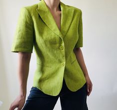 vintage green linen short sleeved single breasted blazer *size: fits xs *measurements (centimeters) Shoulders 38 Bust 82 waist 72 length 58 Fitted Linen Blazer With Pockets, Fitted Summer Blazer With Button Closure, Summer Fitted Blazer With Pockets, Tailored Summer Blazer With Button Closure, Fitted Single Button Linen Blazer, Classic Fitted Short Sleeve Blazer, Fitted Linen Blazer With Buttons, Spring Short Sleeve Blazer With Pockets, Formal Short Sleeve Blazer For Spring