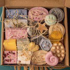 Unique organic goat milk soap gift box. Homemade soap bars, each in its own unique design. Zero waste self-care gift box with different soap bars. All-natural goat milk base with natural ingredients and enjoyable aroma. Each soap bar is very delicate to your skin and has delightful scent. Unique gift for mom, best friend, granny, wife.  EACH BOX IS UNIQUE, contains different soap styles.  Photos are an indication of which soap styles I can offer, but each box will be packed especially for you an Organic Soap Packaging Ideas, Organic Soap Packaging, Homemade Goat Milk Soap, Soap Packaging Ideas, Cute Soap, Homemade Soap Bars, Mom Best Friend, Calendula Oil, Blue Clay