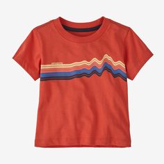 Built of soft 100% Regenerative Organic Certified® cotton with a timeless, universal fit, it's a T-shirt designed for playtime. Made in a Fair Trade Certified™ factory. | Patagonia Baby Ridge Rise Stripe T-Shirt in Pimento Red, 3-6 Months - Kids' T-Shirts & Tops - Regenerative Organic Certified Cotton Playful Short Sleeve Tops For Everyday, Casual Crew Neck Shirt For Playtime, Cotton Crew Neck Top For Playtime, Casual Screen Print Tops For Playtime, Crew Neck Cotton Top For Playtime, Graphic Print Crew Neck Shirt For Playtime, Cotton Graphic Print Shirt For Playtime, Relaxed Fit Crew Neck Top For Playtime, Casual Graphic Print Tops For Playtime