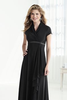 This silky knit gathers to create a modest overlapping bodice with a high back shirred neckline. The satin empire band meets the gathers of the cascade for a seamless look. Knit Gown, Black Only, Performance Outfit, Choir, Bodice, Satin, Band, Knitting, Black